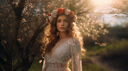 Slavic beauty with crown of roses in white dress, spring feeling of a young beautiful woman in a cherry tree garden