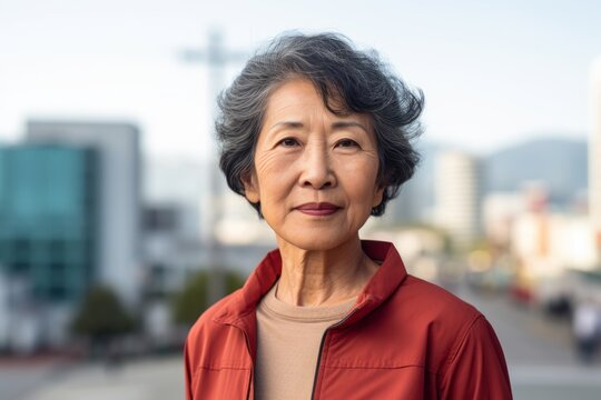 Portrait Of A Content Asian Woman In Her 70s Donning A Classy Polo Shirt Against A Modern Cityscape Background. AI Generation