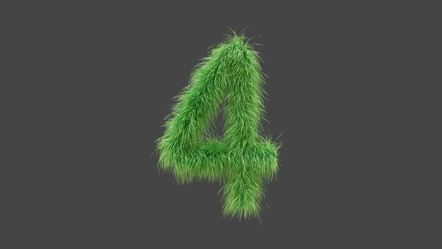 3D animation green grass Number 4, isolated beautiful number of green grass blowing in the wind, 3D rendering, RGB Alpha, UHD 4K
