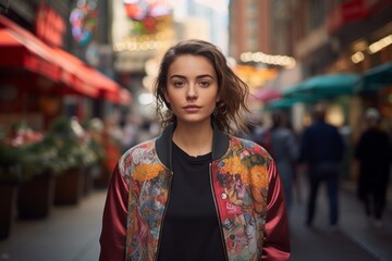 Portrait of a content woman in her 30s sporting a stylish varsity jacket against a vibrant market street background. AI Generation