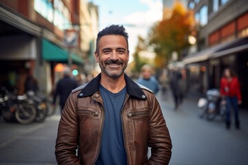 Fototapeta premium Portrait of a smiling man in his 40s wearing a trendy bomber jacket against a vibrant market street background. AI Generation
