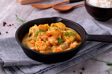 Fish curry with codfish, pollack and shrimps with coconut milk served in cast iron pan