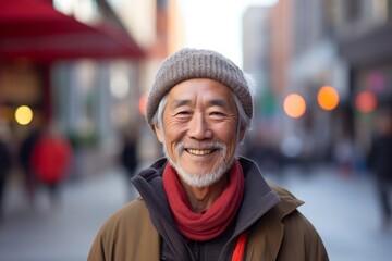Fototapeta premium Portrait of a jovial asian man in his 60s donning a warm wool beanie against a vibrant market street background. AI Generation