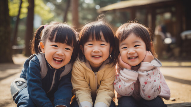 日本の幼稚園児3人が私服で横に並んで笑っている写真、背景自然の森、森のようちえん