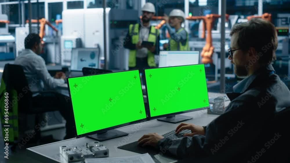 Fototapete Caucasian Male Engineer Controlling Autonomous Conveyor With Robot Arms At Turbine Jet Engine Factory. Man Using Desktop Computer With Green Screen Chromakey On Display To Adjust Automated Production.