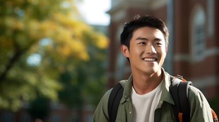 An Asian young man with a beaming smile carrying a backpack on a sunny college campus.