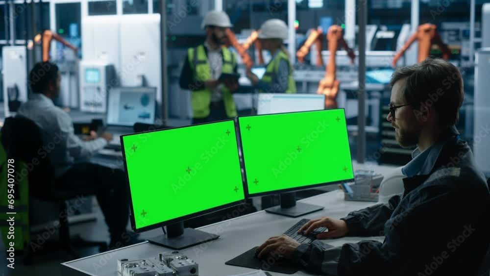Poster Male Specialist Controlling Autonomous Conveyor With Robotic Arms At Turbine Jet Engine Factory. Man Using Desktop Computer With Green Screen Chromakey On Display To Adjust Automated Production.