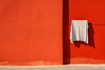 Fototapeta na wymiar a white t - shirt hanging on a red wall next to a red wall with a white t - shirt hanging on a red wall next to a white t - shirt hanging on a red wall.