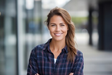 Portrait of a smiling woman in her 30s wearing a comfy flannel shirt against a sophisticated corporate office background. AI Generation - obrazy, fototapety, plakaty