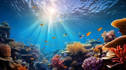 Fototapeta na wymiar Beautiful underwater landscape with coral reef and fishes. Panorama.