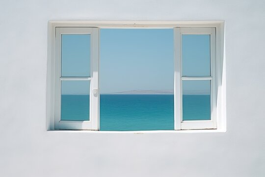 Fototapeta  an open window with a view of the ocean and a distant island in the distance is seen from the window of a white painted room with a view of the ocean.