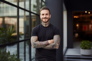 Portrait of a content man in his 30s sporting a vintage band t-shirt against a sophisticated corporate office background. AI Generation