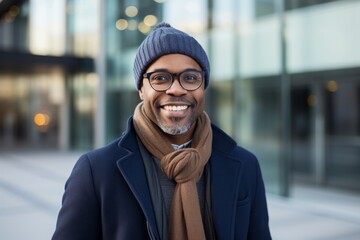 Portrait of a merry afro-american man in his 40s donning a warm wool beanie against a sophisticated corporate office background. AI Generation - obrazy, fototapety, plakaty