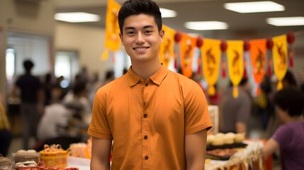 Young man in an orange shirt with a cheerful smile at a festive event
