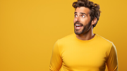 Fototapeta premium Handsome man with beard wearing casual yellow tshirt over yellow background looking away to side with smile on face, natural expression. laughing confident.