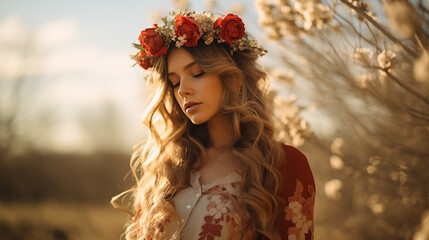 Dreamy beautiful young woman representing the Spring season, wearing folk cotton dress, crown of red roses and spring-flowers, day-dreaming in the sun rays in divine light in back light