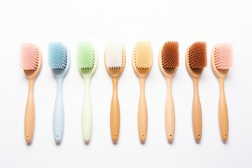 Bamboo eco toothbrushes with multicolored bright bristles on white background