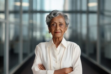 Fototapeta na wymiar Portrait of a content indian woman in her 80s wearing a classic white shirt against a sophisticated corporate office background. AI Generation