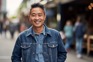 Portrait of a glad asian man in his 50s sporting a rugged denim jacket against a lively classroom...