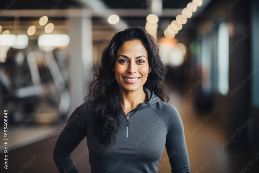 Wall mural portrait of a glad indian woman in her 40s wearing a classic turtleneck sweater against a dynamic fi