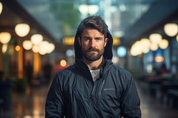 Portrait of a content man in his 30s wearing a lightweight packable anorak against a dynamic fitness gym background. AI Generation