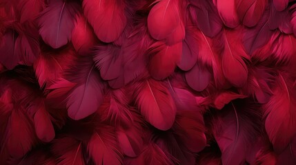 close-up of luxurious dark red feathers arranged in rich texture and pattern. - obrazy, fototapety, plakaty