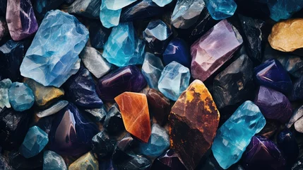 Poster A vibrant collection of polished gemstones and crystals showcasing a variety of colors, shapes and textures. © DZMITRY