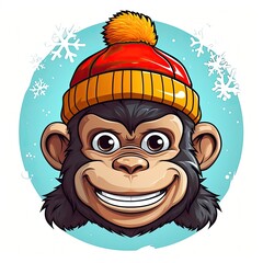 Chimpanzee head in a hat and scarf on a white background.