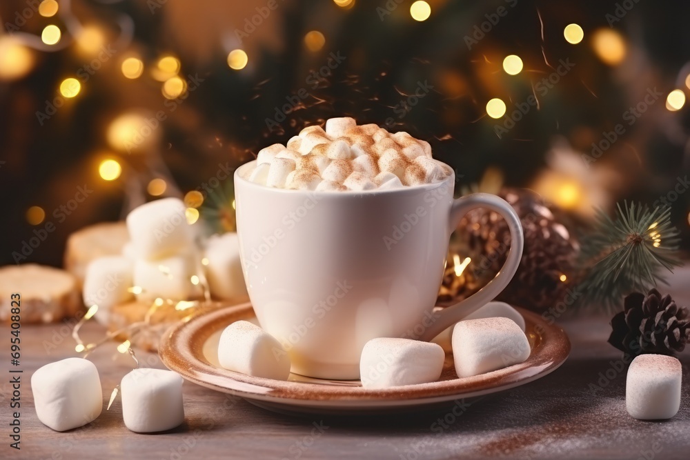 Poster a cup of hot chocolate with marshmallows on a saucer on a table with a christmas tree in the backgro