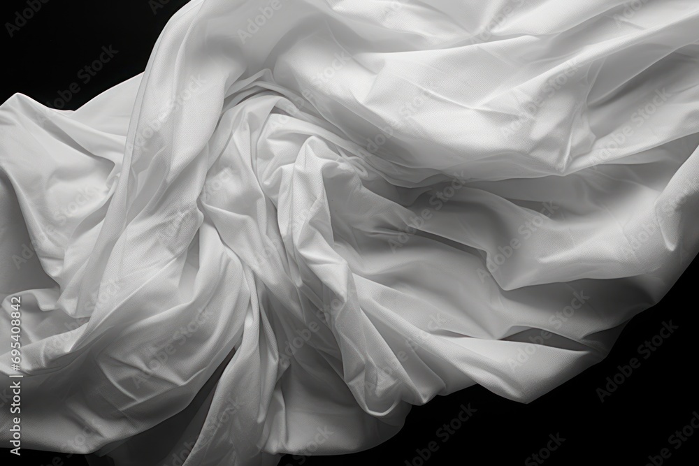 Poster a black and white photo of a white sheet on a black background with a drop of water in the bottom ri