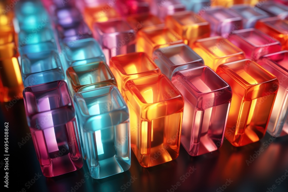 Poster a row of multicolored glass blocks sitting on top of a black table next to a black table with a red,