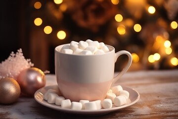 Obraz na płótnie Canvas a cup of hot chocolate with marshmallows on a saucer next to a christmas ornament and a gold ornament on a wooden table.
