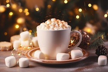  a cup of hot chocolate with marshmallows on a saucer on a table with a christmas tree in the background and lights on the other side of the table.