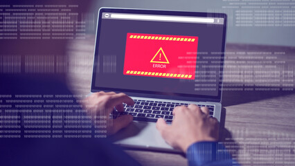 Programmer using laptop with triangle warning signs, cryptography, cryptographic, hacker, virus for...