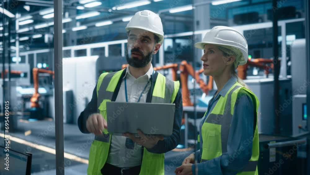 Aufkleber Hispanic Male Industrial Engineer Using Laptop Computer And Talking To a Caucasian Female Designer At an Autonomous Assembly Line With Robotic Arms. Colleagues Monitoring Machinery Production.