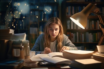 photo Depict a student studying late into the night, surrounded by textbooks, notes, and coffee cups. Generative AI