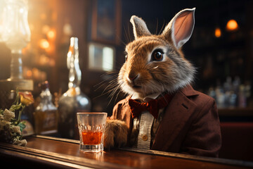 Generative ai fantasy character. Rabbit man drink his blood mary cocktail in the irish bar. Vintage retro photo - obrazy, fototapety, plakaty