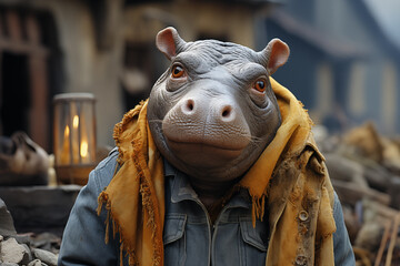 Hippo man very sad because he is homeless. Generative AI fantasy character. - 695409250