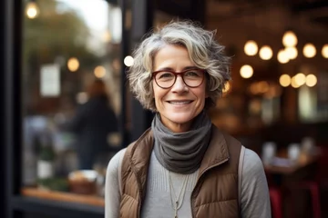 Poster Portrait of a happy woman in her 50s dressed in a water-resistant gilet against a serene coffee shop background. AI Generation © Markus Schröder