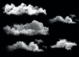 Clouds set isolated on black background. mist or smog background. White cloudiness, Cloud Effect great set collection vector illustration. - obrazy, fototapety, plakaty