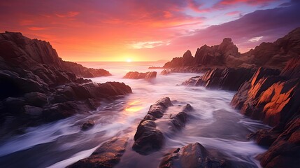 Beautiful panoramic view of the rocky coast at sunset.
