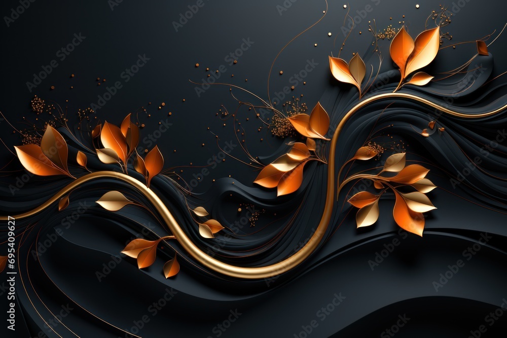 Poster a black and gold abstract background with leaves and swirls on a black background with a gold swirl 