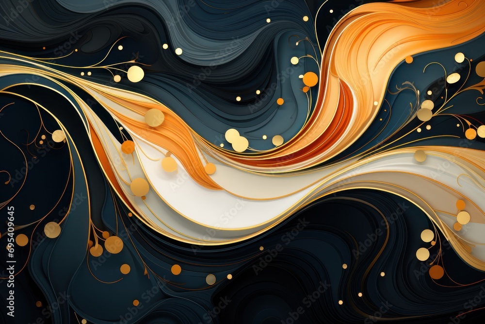 Poster a black and gold abstract background with circles and swirls on a black and white background with go