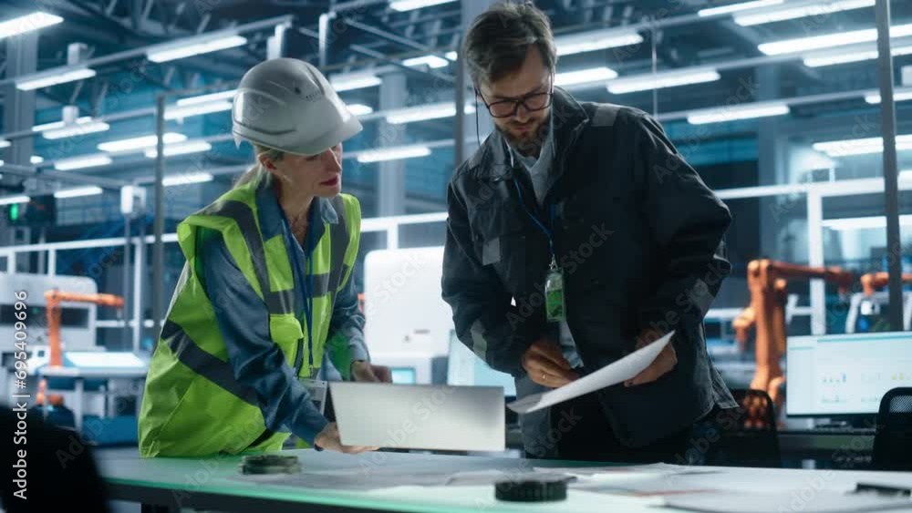 Poster two caucasian industrial engineers working in office at factory. female designer shows electric engi