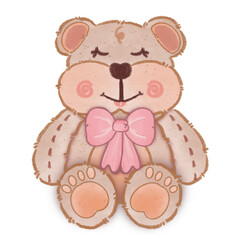 Cute brown teddy bear wearing flower accessory, ribbon,clothes,watercolor art style. Teddy bear drawing. 