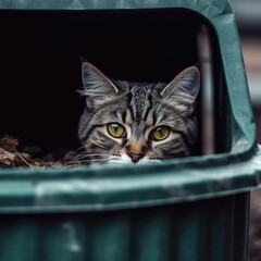 A street, homeless and hungry gray cat sits in a trash can. Concept