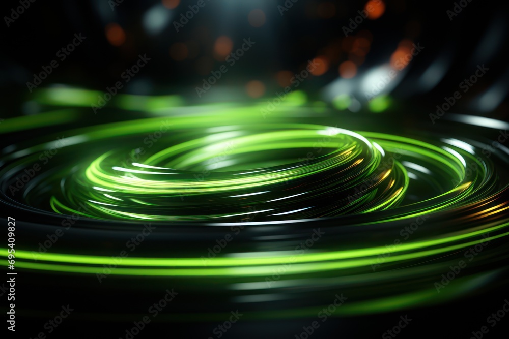 Poster  a close up of a green circular object on a black surface with a blurry image of the light coming from the top of the circular object to the bottom of the image.