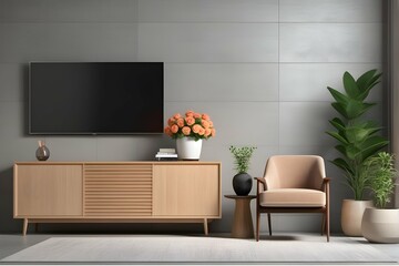 Cabinet TV in modern living room with armchair,lamp,table,flower and plant on concrete wall background,3d rendering
