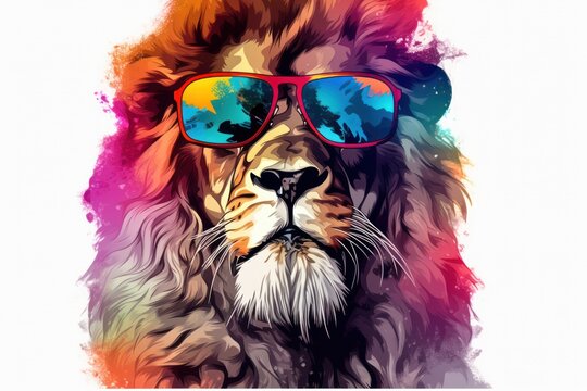  a close up of a lion wearing sunglasses and a tie dye painting on the back of it's face with the colors of the rainbow, red, yellow, green, orange, red, purple, and blue