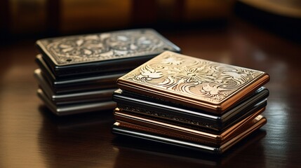 A close-up of an ornate business card holder with a stack of premium cards against a textured background